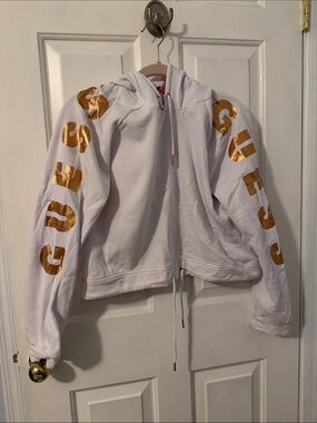 Guess White crop top Hoodie with Metallic Gold Sleeve Logos